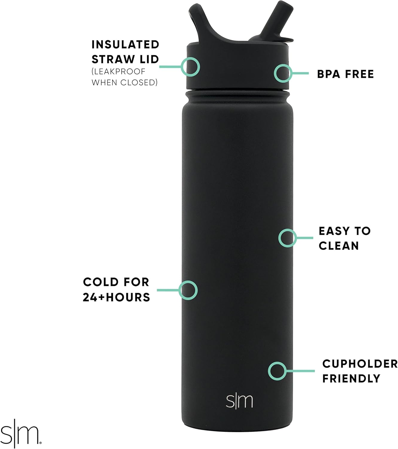Simple Modern Water Bottle - Vacuum Insulated Stainless Steel Flask | 22oz, Midnight Black - Reusable & Leak Proof