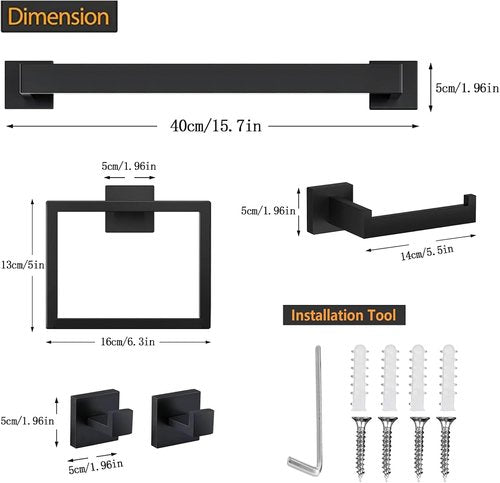JOPOFI 5 Piece Bathroom Towel Bar Set - Matte Black SUS304 Stainless Steel Towel Holder | 15.7 Inch Wall Mounted Racks