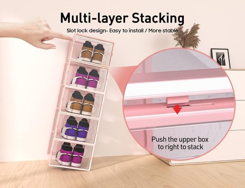 Kuject X-Large Shoe Storage Boxes - Clear Plastic Stackable 12 Pack for Sneakers & Toys | Pink