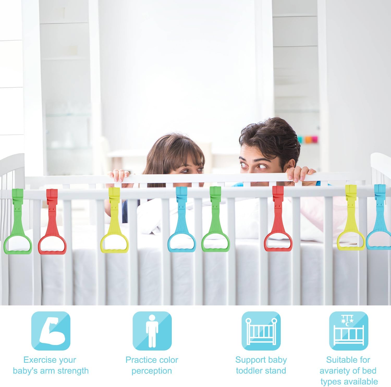 Skiennix 8Pcs Pull Up Rings | Baby Walking Assistant - Bed & Crib Stand Up Rings (4 Colors)
