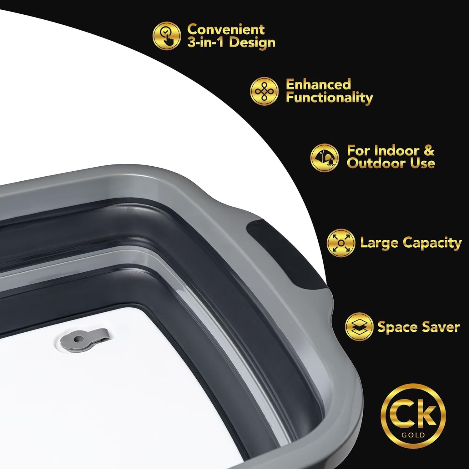 CK GOLD New XL Collapsible BBQ Prep Tub with LOCKING Lid, Cutting Board & Drain Hole | BPA-Free, Food-Grade, Space-Saving Marinating Container for Grilling, Kitchen & Outdoor Cooking (Black, 30 L)