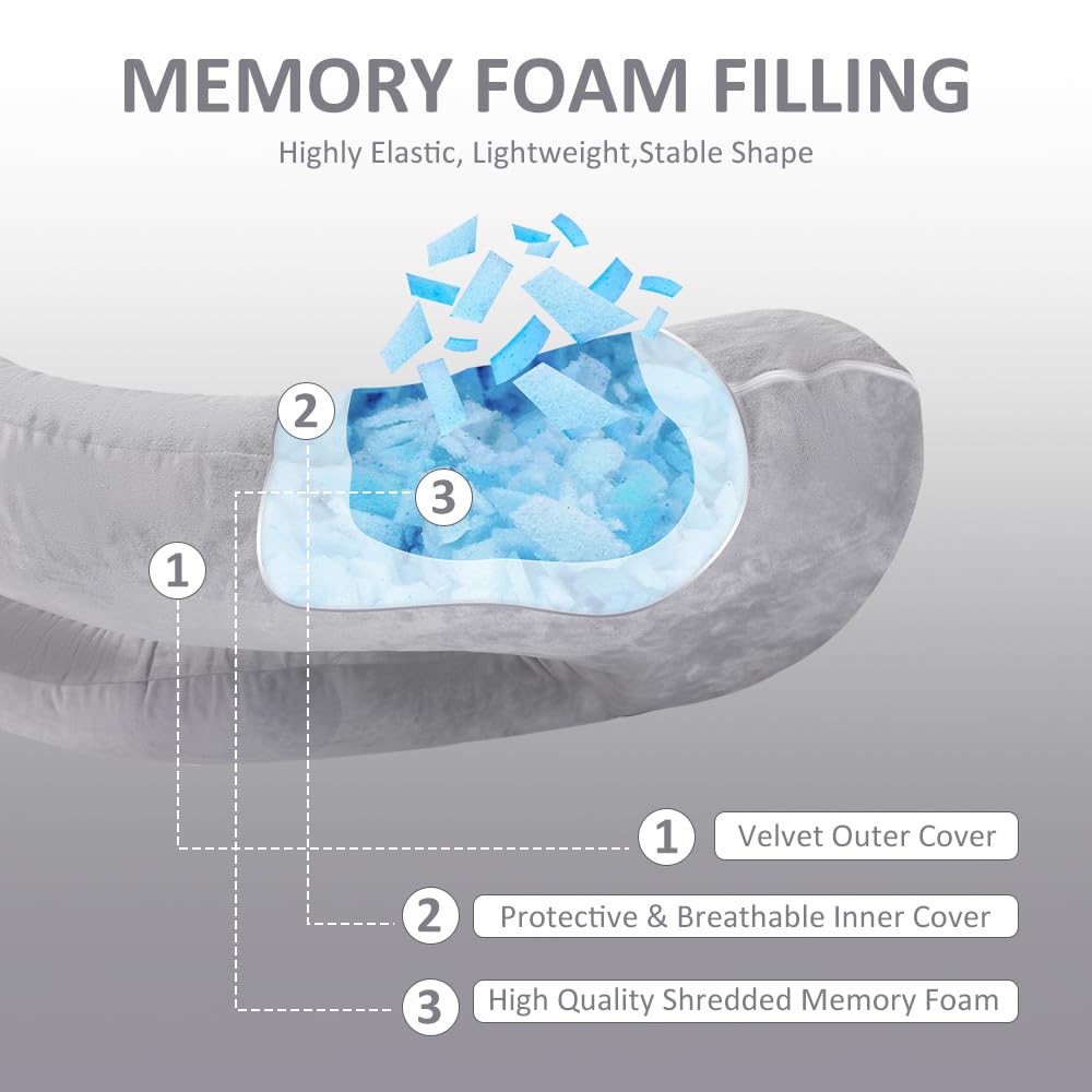 Chilling Home Memory Foam Pregnancy Pillow, J Shape Pregnancy Pillows for Sleeping, Body Pillow for Adults, Maternity Pillow for Pregnant Women, with Velvet Removable Cover, Light Grey