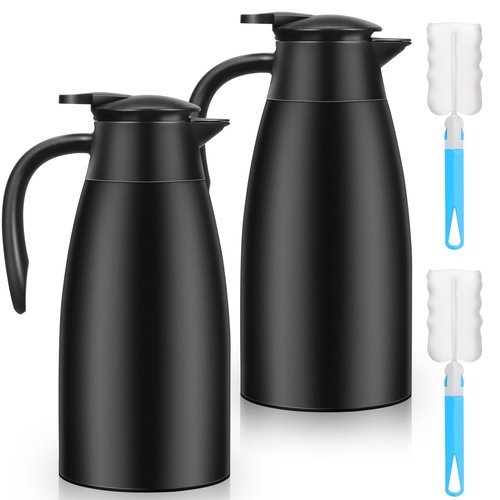 Essenya 2 PCS 68 OZ Thermal Coffee Carafe, Insulated Stainless Steel Coffee Carafe Double Walled Vacuum Thermal Pot Flask with Brushes Thermos for Keeping Hot Coffee Tea Home and Office (Black)