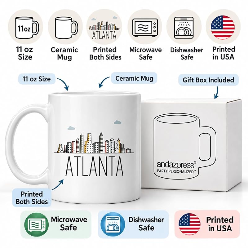 Atlanta 11oz Ceramic Coffee Mug with Gift Box – Colorful City Skyline, Andaz Press