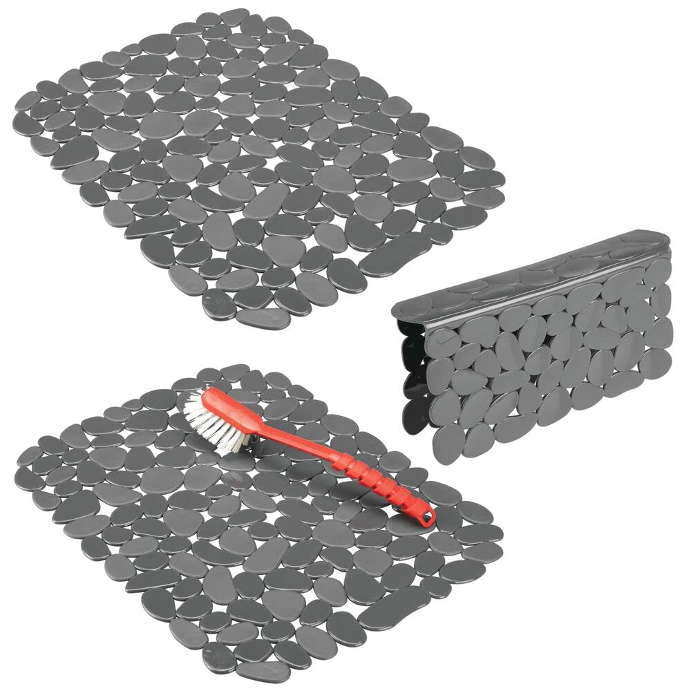 mDesign Adjustable Kitchen Sink Dish Drying Mat/Grid - Soft Plastic Sink Protector, Cushions Sinks, Dishes - Quick Draining Pebble Design - Includes 1 Saddle, 2 Large Mats - Set of 3 - Charcoal Gray
