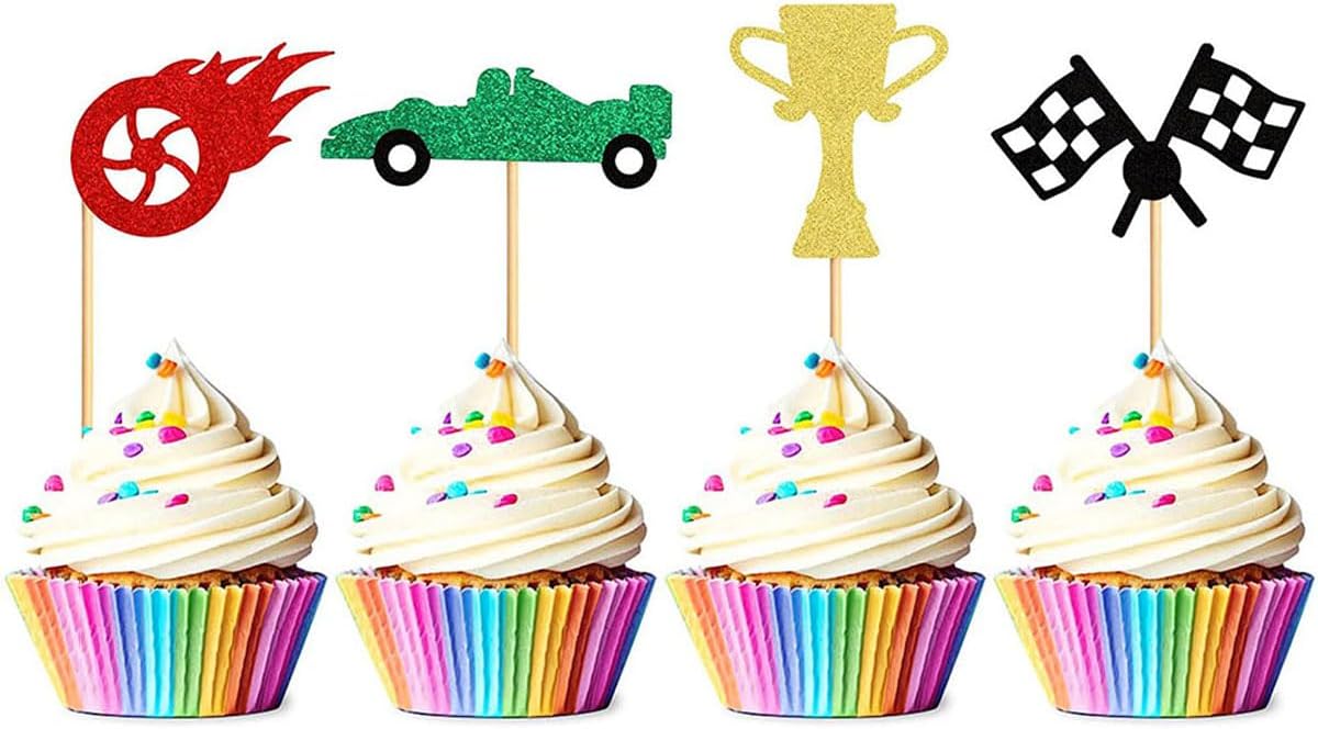 Skiennix 24Pcs Race Car Cupcake Toppers - Glitter Trophy Flags & Wheels for Racing Theme Parties