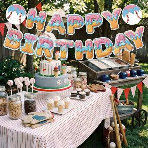Baseball Ice Cream Drip Happy Birthday Banner - DIY Party Decor