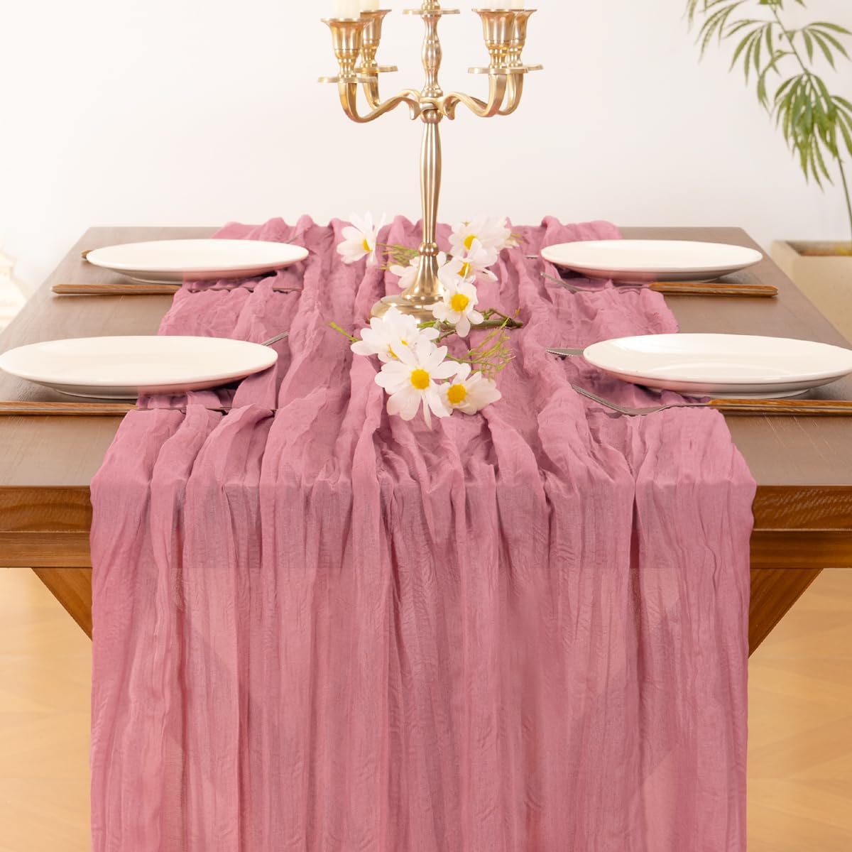 Socomi Cheesecloth Table Runner - 10pcs Mauve Boho Rustic 120 Inch for Weddings & Events