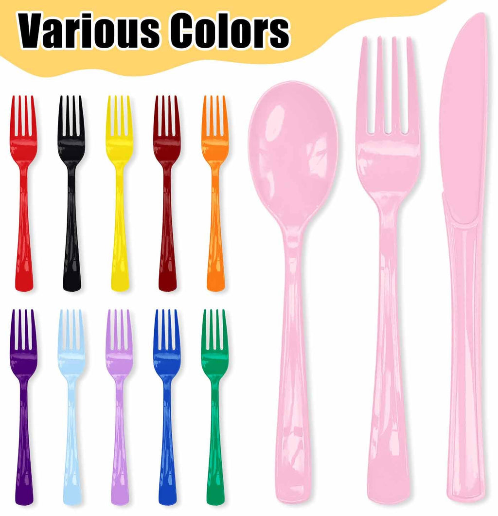 HEIPINIUYE 75 Pack Light Pink Plastic Cutlery Heavy Duty Baby Pink Plastic Knives Forks and Spoons Disposable Silverware Set for 25 Guest Camping Birthday Baby Shower Party Cutlery Set