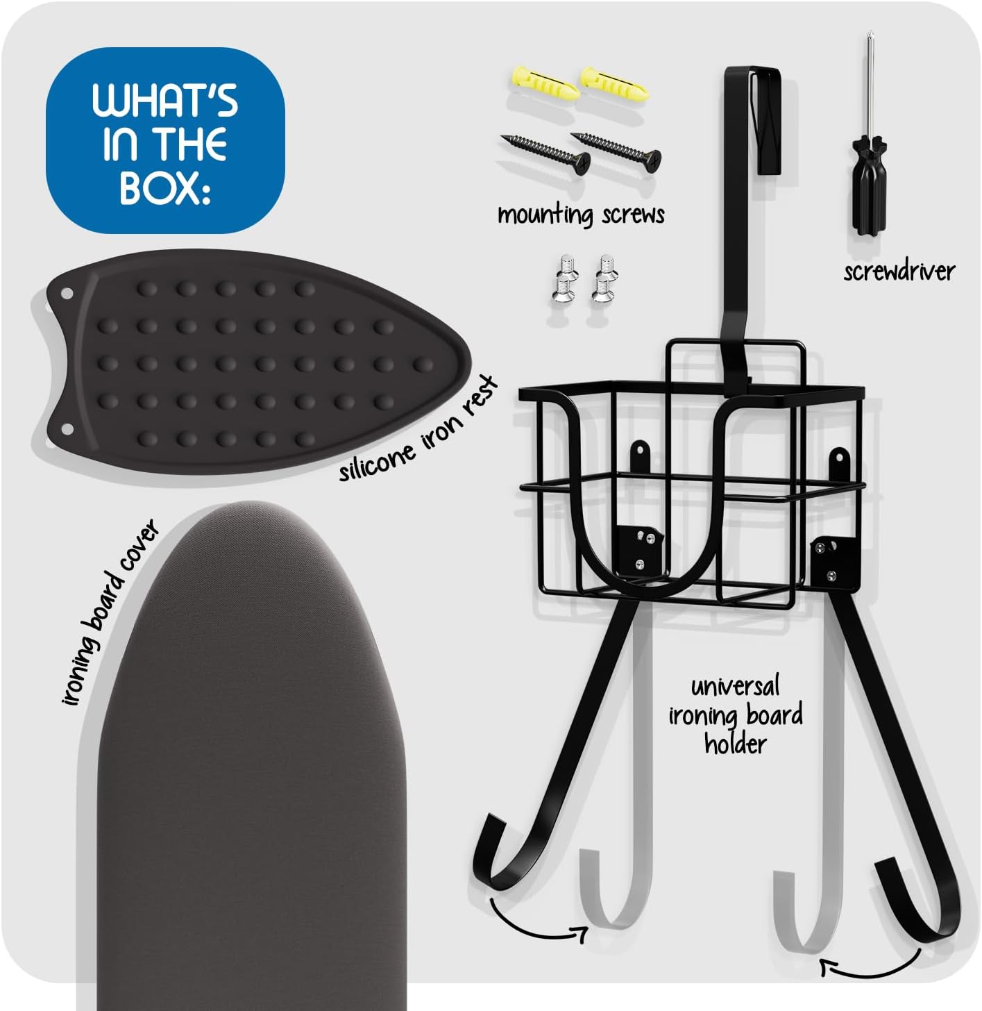 T&V Shaped Ironing Board Holder - Wall Mount & Over The Door Hanger | Heat Reflective & Stain Resistant Cover Set