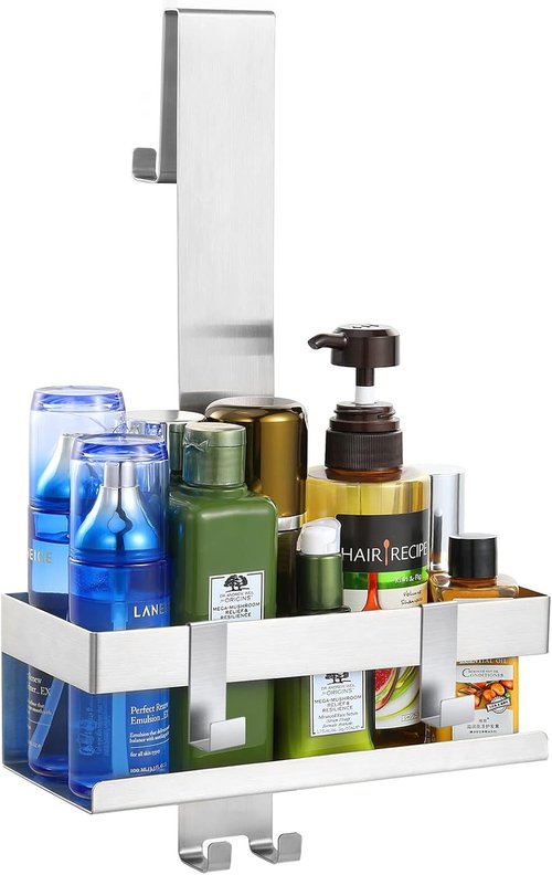 Emibele Over The Door Shower Caddy - Rustproof 304 Stainless Steel Organizer for Glass Doors | 23x10x10cm, Silver