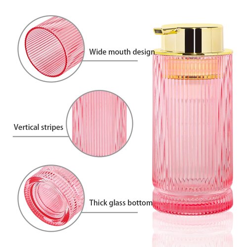 Tonxus Foaming Soap Dispenser, Pink Glass Foam Hand Soap Dispenser with Gold Pump, 14 Oz Bathroom Refillable Liquid Lotion Pump Ribbed Bottle Container for Kitchen Countertop Decor, 1