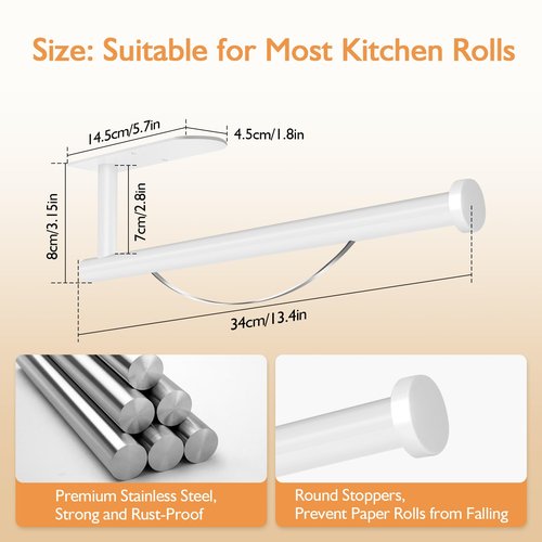 MEIJO Paper Towel Holder with Damping Function, Paper Towel Holder Under Cabinet Self-Adhesive or Drilling, Wall Mounted Napkin Roll Holder for Kitchen Bathroom Rv Camping, Stainless Steel (White)