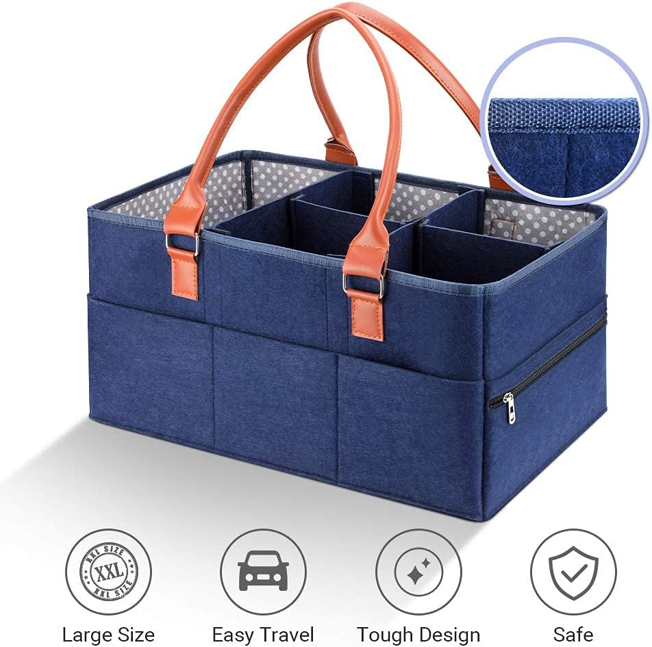 Marhynchus Large Portable Nappy Storage Basket - Felt Fabric Baby Diaper Caddy with Detachable Divider | Navy for Nursery & Travel