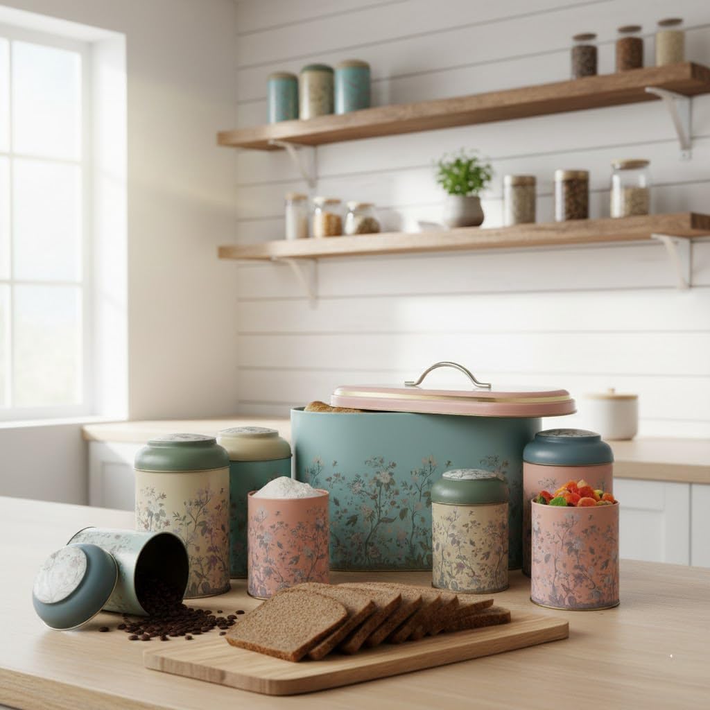Maria Roma 7-Piece Kitchen Canister Set - Vintage Bread Box, Sugar, Coffee & Tea Containers