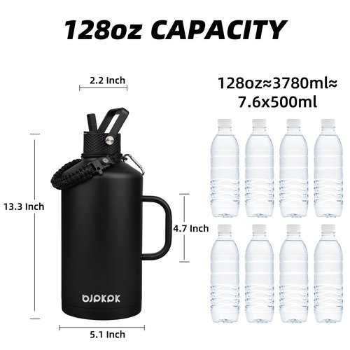 BJPKPK 1 Gallon Water Bottle Insulated with Straw Lid, 128oz Large, Stainless Steel Water Bottles with 3 Lids and Paracord Strap, Double Wall Vacuum Metal Water Jug,Black