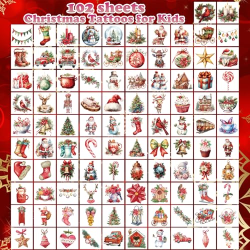 UVUXO 102 Pcs Christmas Temporary Tattoos for Kids Individually Wrapped