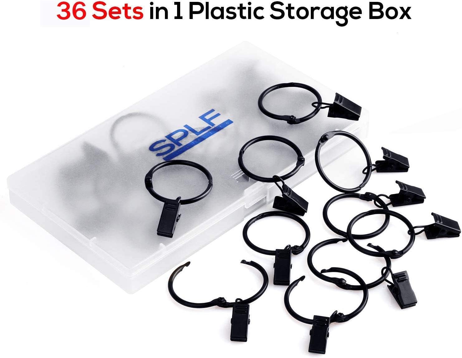 SPLF Metal Curtain Rings - Heavy Duty Rustproof Clips for Drapery | 36 Pack, 1.22 Inch Diameter, Black