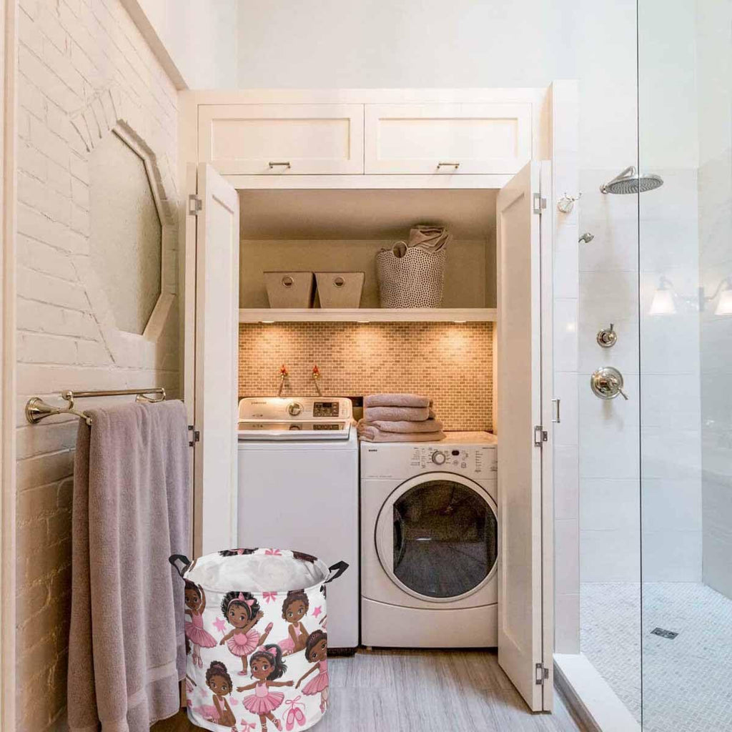 Laundry Basket African Black Girl Ballet Dance,Waterproof Collapsible Clothes Hamper Pink Skirt Star Bow,Large Storage Bag for Bedroom Bathroom
