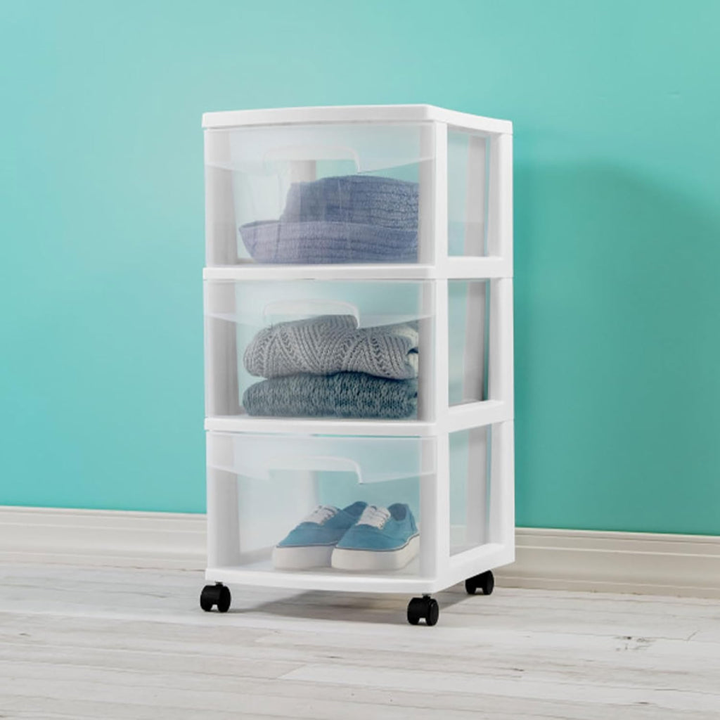 Sterilite 4 Pack Plastic Storage Organizer - 3 Drawer Rolling Bin Cart for Closet Organization | White