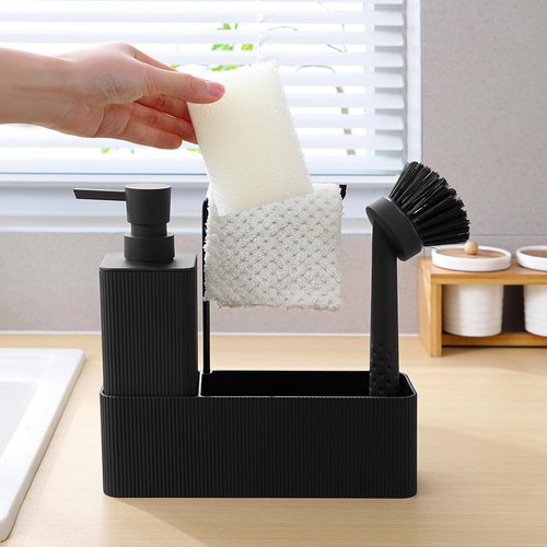 YAUKPH 4 in 1 Kitchen Soap Dispenser Set - Soap Dispenser Brush Sponge Holder Towel Rack (Striped Black)