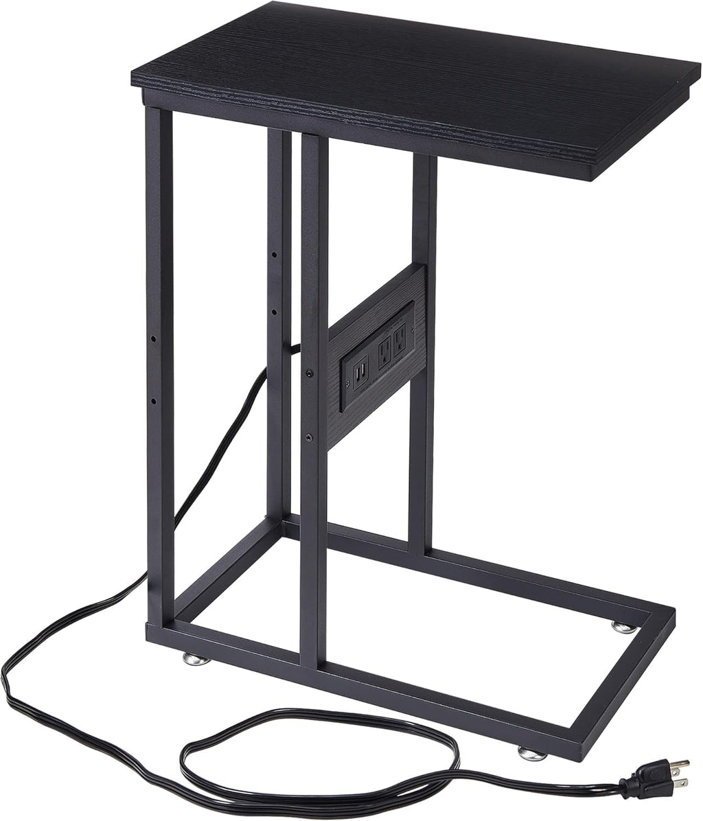 VECELO C Shaped End Side Table with Charging Station & Power Outlets for Couch Sofa/Bed, Snack TV Tray with Metal Frame for Living Room Bedroom 1 Set, Black