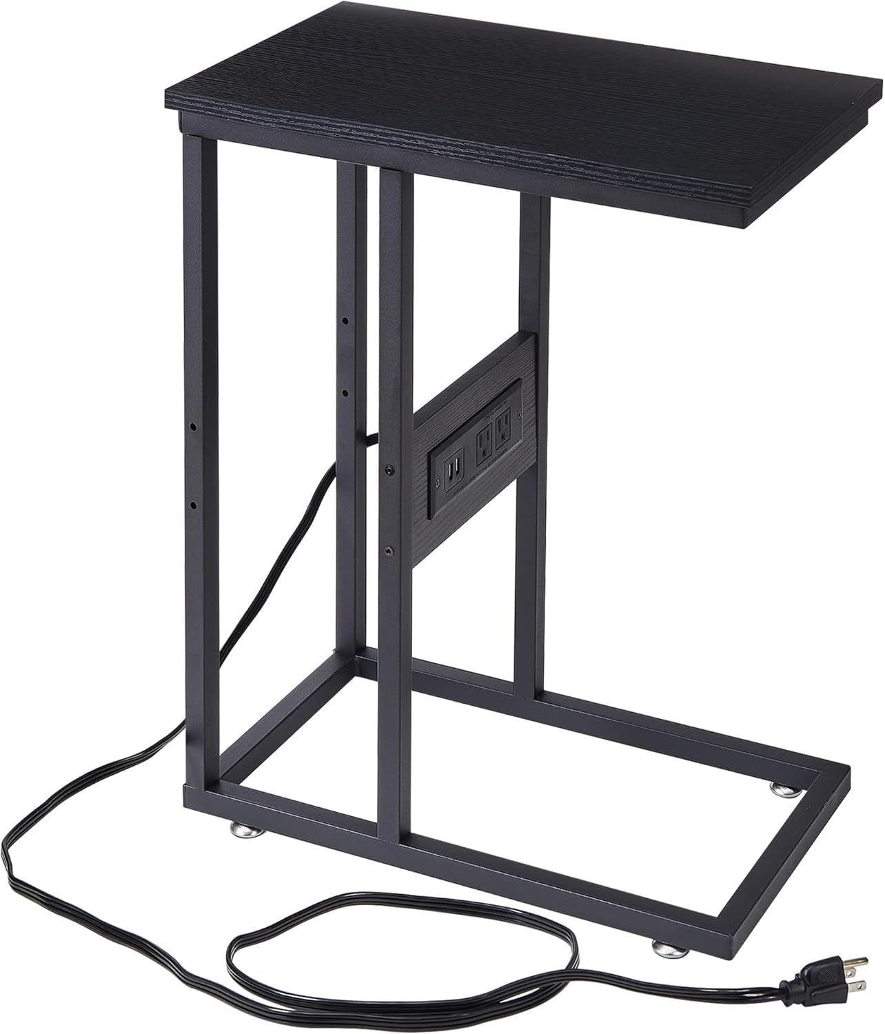 VECELO C Shaped End Side Table with Charging Station & Power Outlets for Couch Sofa/Bed, Snack TV Tray with Metal Frame for Living Room Bedroom 1 Set, Black