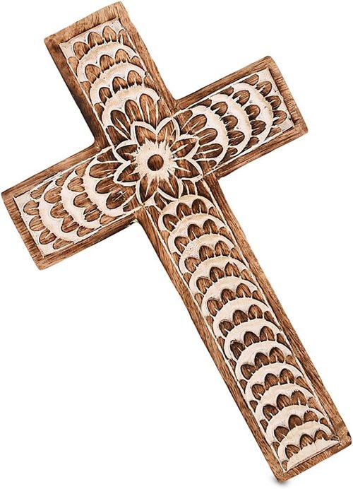 EDHAS Mango Wood Family Cross Decor - White Floral Carved Design | Home Decoration (10" x 6" x 0.5")