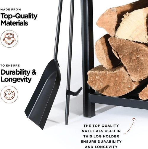 HOME IT Firewood Rack - 2-Tier Indoor/Outdoor Log Holder with Fireplace Tools Set | Waterproof Steel, Black - 17x12x29