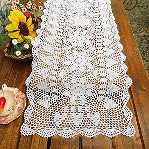 White Handmade Crochet Cotton Table Runner 16x35 Inches - Doily Lace Doilies