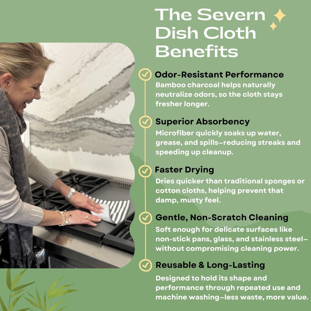 Severn Dish Cloths - Odor-Resistant 4-Pack Kitchen Cleaning Rags with Non-Scratch Scrubber | Bamboo-Charcoal Microfiber