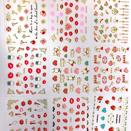 30 Sheets Valentine's Day Nail Stickers 3D Gold Heart Flower Decals