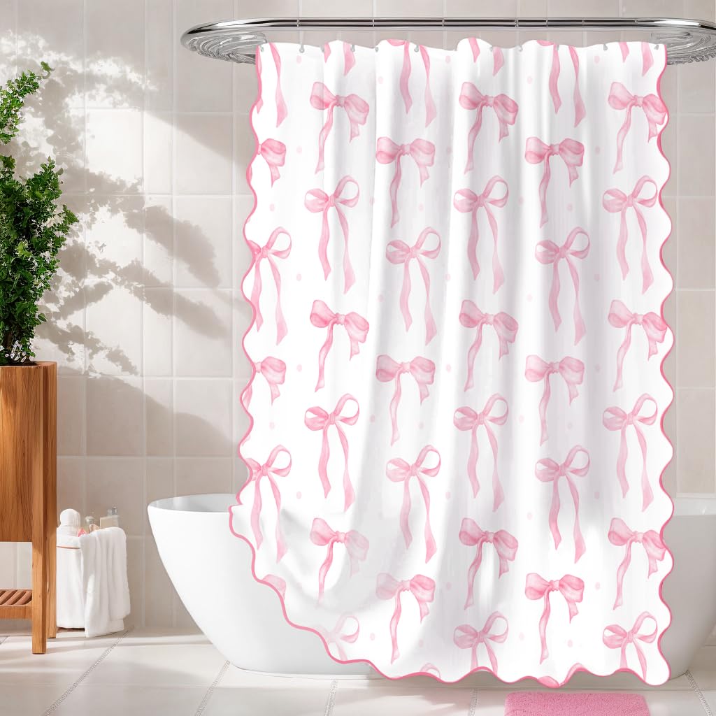 MUGINYU Girls Pink Bow Shower Curtain with Scalloped for Preppy Bathroom Decor,Cute Ruffle Girly Shower Curtains,Coquettecute Chic Aesthetic Shower Curtain Set with Hooks 72x72 Inch