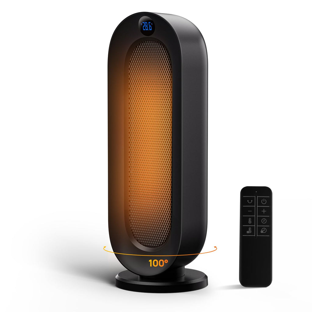 DUOMIY Space Heater for Indoor Use, 1500W Electric Heaters with 100° Oscillation, 1-12H Timer, Remote, Tower Heater Quick 2s PTC Ceramic Heating, Safety Heater for Office, Bedroom, Large Room (Black)