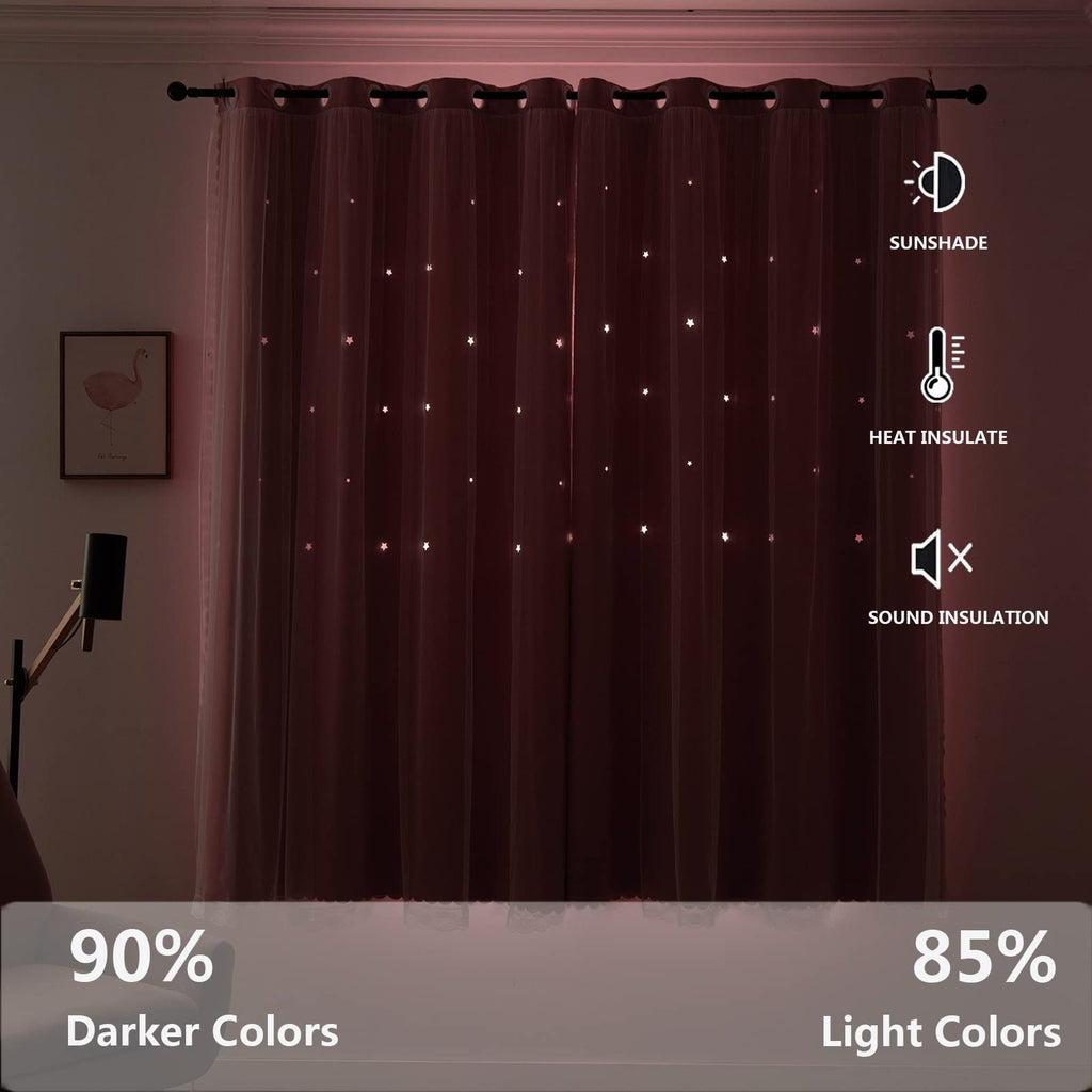 LUGOTAL Pink Curtains for Girls Bedroom Kids Baby Room Decor Cute Double Layer Star Cutout Curtains Room Darkening Window Curtain for Nursery (Pink, 42W x 84L,2 Panels)