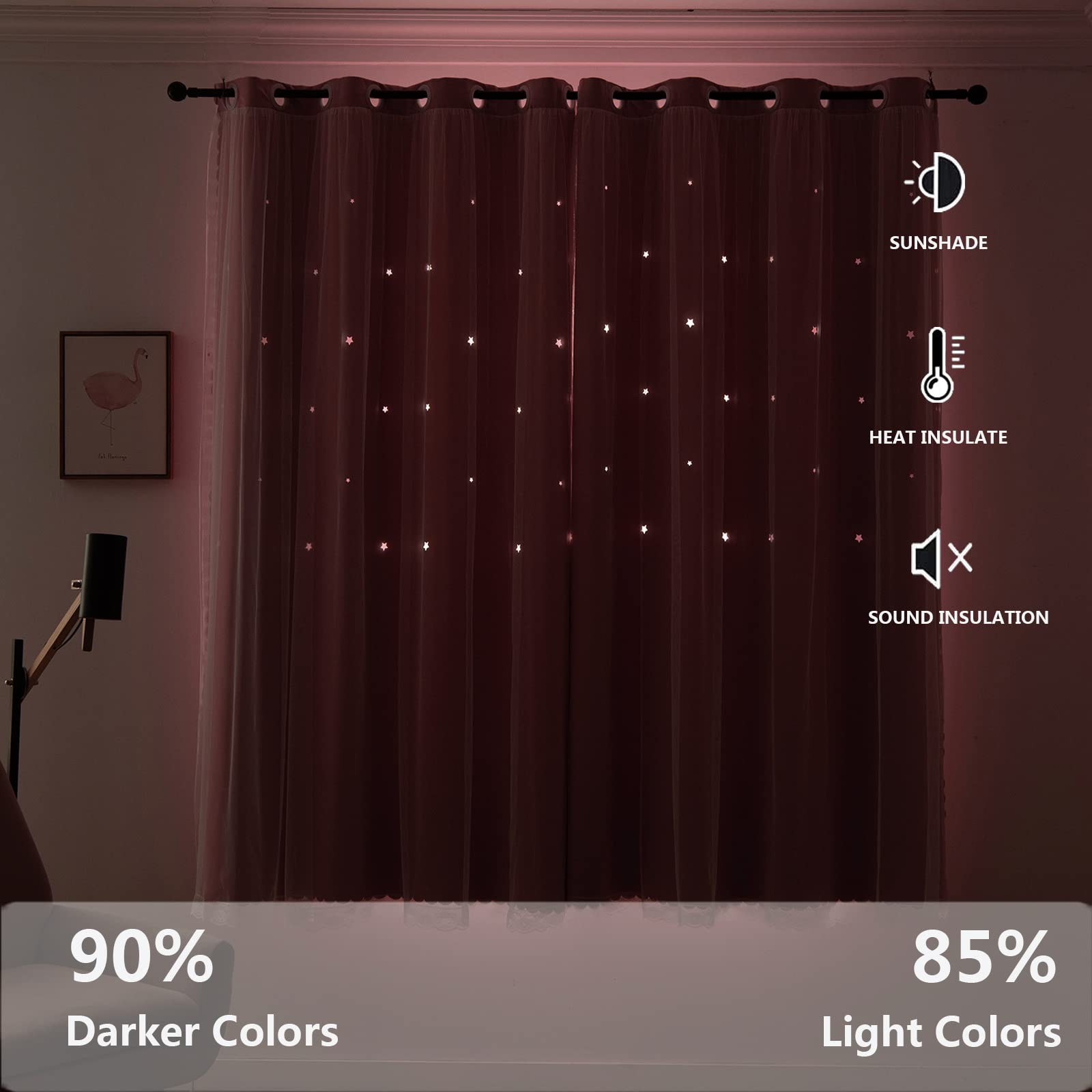 LUGOTAL Pink Curtains for Girls Bedroom Kids Baby Room Decor Cute Double Layer Star Cutout Curtains Room Darkening Window Curtain for Nursery (Pink, 42W x 84L,2 Panels)