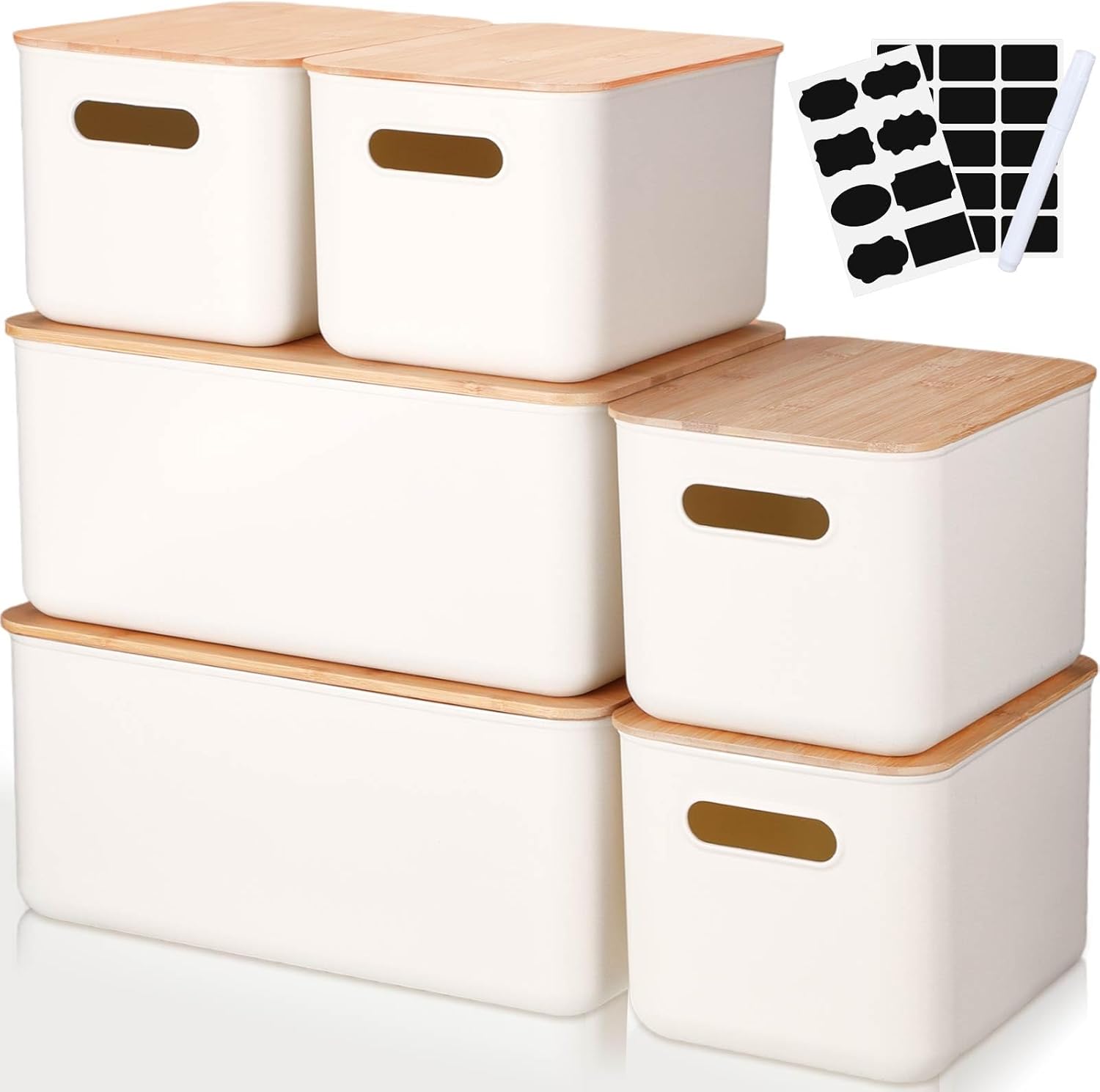 Suzile 6-Pack Plastic Storage Bins - Stackable Containers with Bamboo Lids for Christmas Ornaments & Organizing
