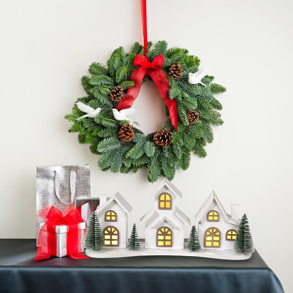 White Christmas Village House Decoration - LED Lights & Wooden Centerpiece | Mini Winter Town Xmas Decor