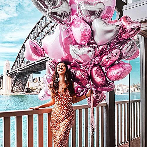 Larber 20PCS 18" Pink & Silver Heart Foil Balloons for Party Decor