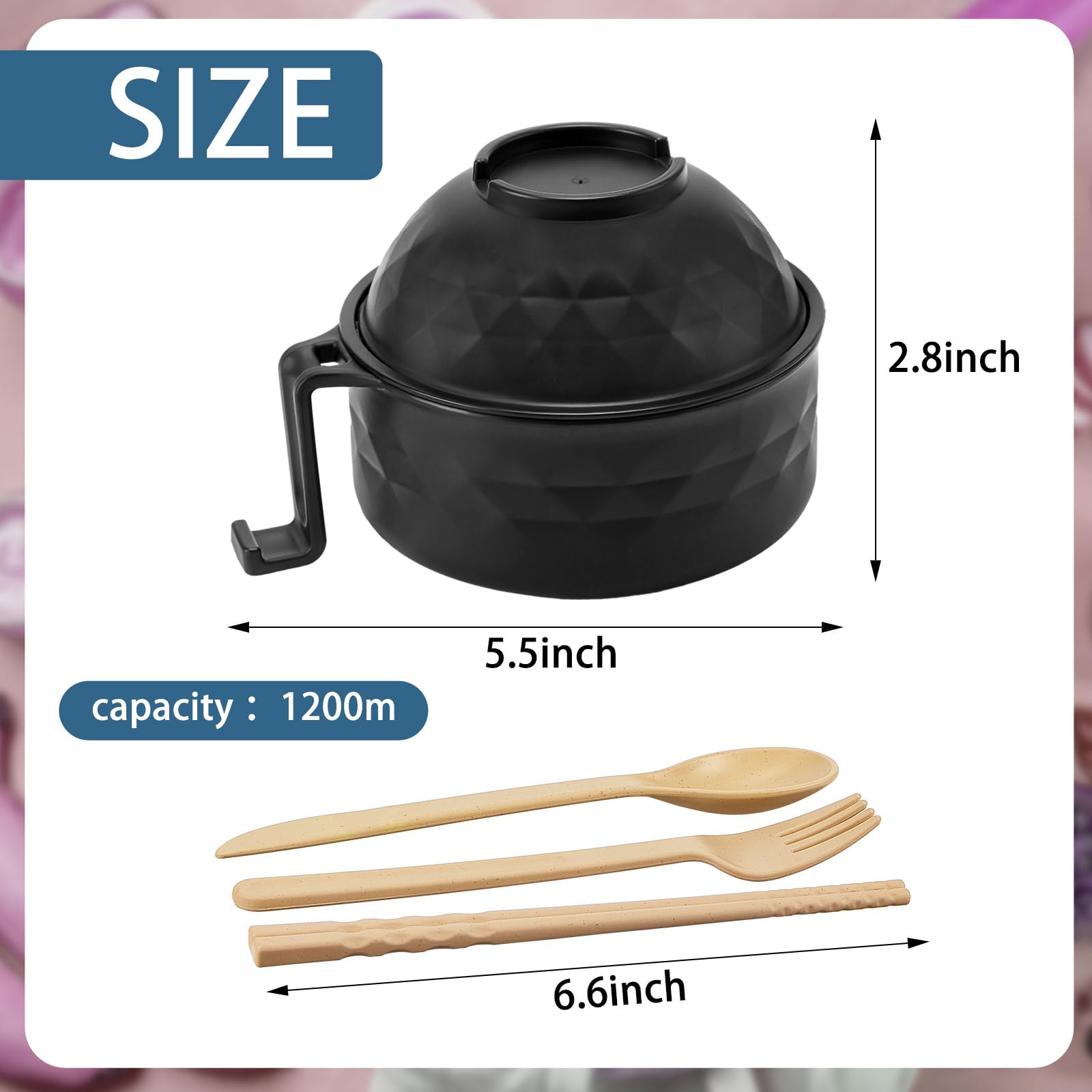 Romooa 2 Sets Microwave Ramen Bowl 40 oz Wheat Fiber Portable Instant Noodle Cooker Bowl with Handles Strainer Spoon Chopstick Fork College Dorm Room Apartment Essentials(Black,Dark Blue)