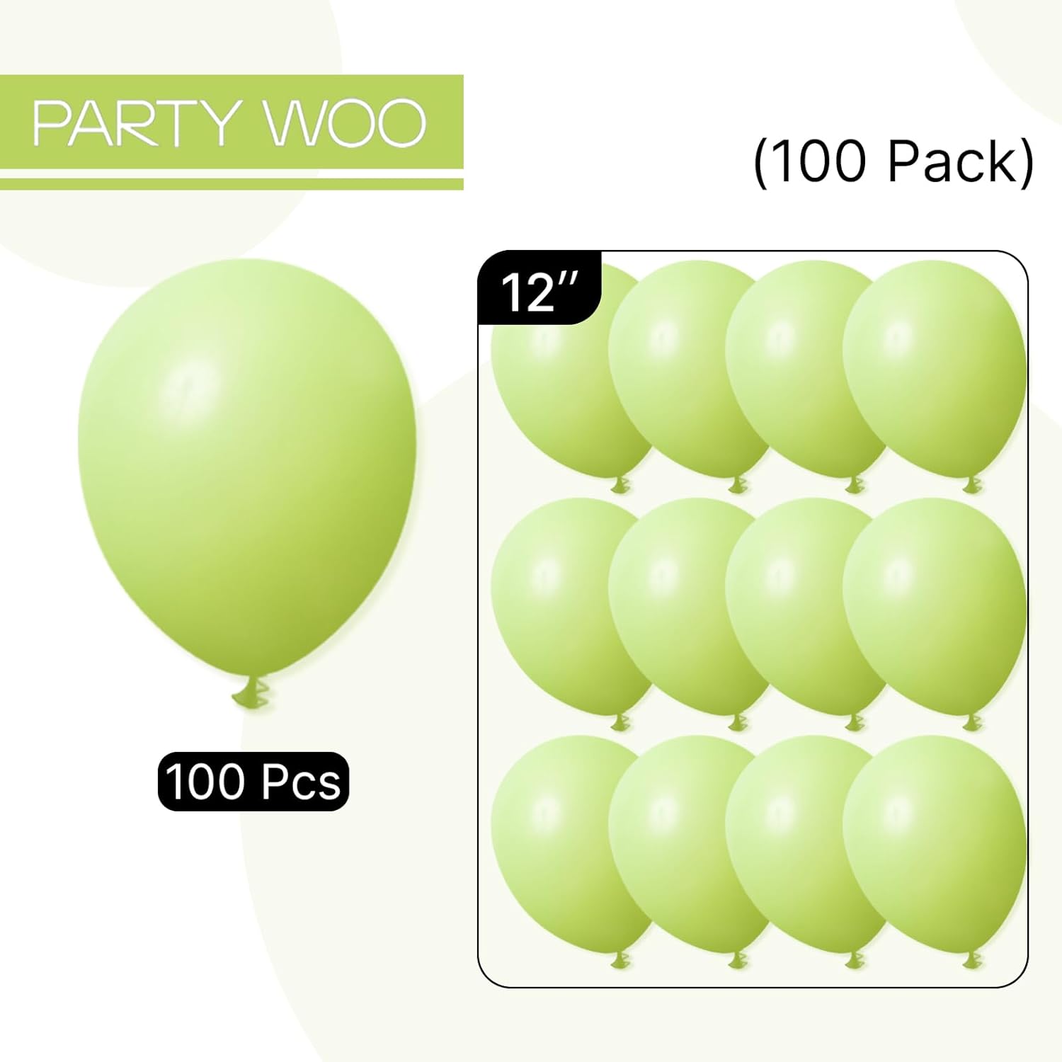 PartyWoo Lime Green Balloons - 100pcs 12 Inch Light Green Latex Helium Balloons for Celebrations