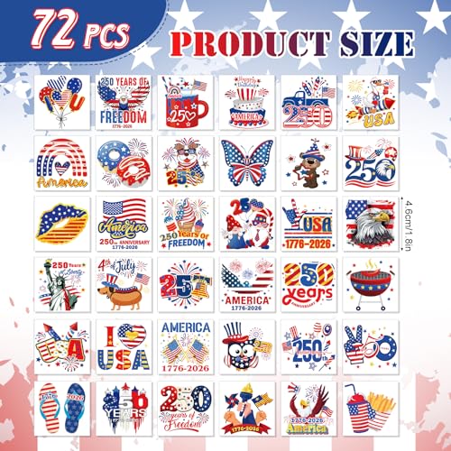 HOWAF 250th Anniversary Temporary Tattoos, 72pcs USA 1776-2026 Party Favors