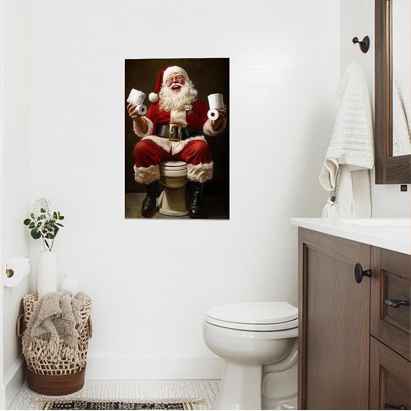 Doartdo Santa on Toilet Christmas Bathroom Wall Art - 16 x 24 Black Framed Canvas