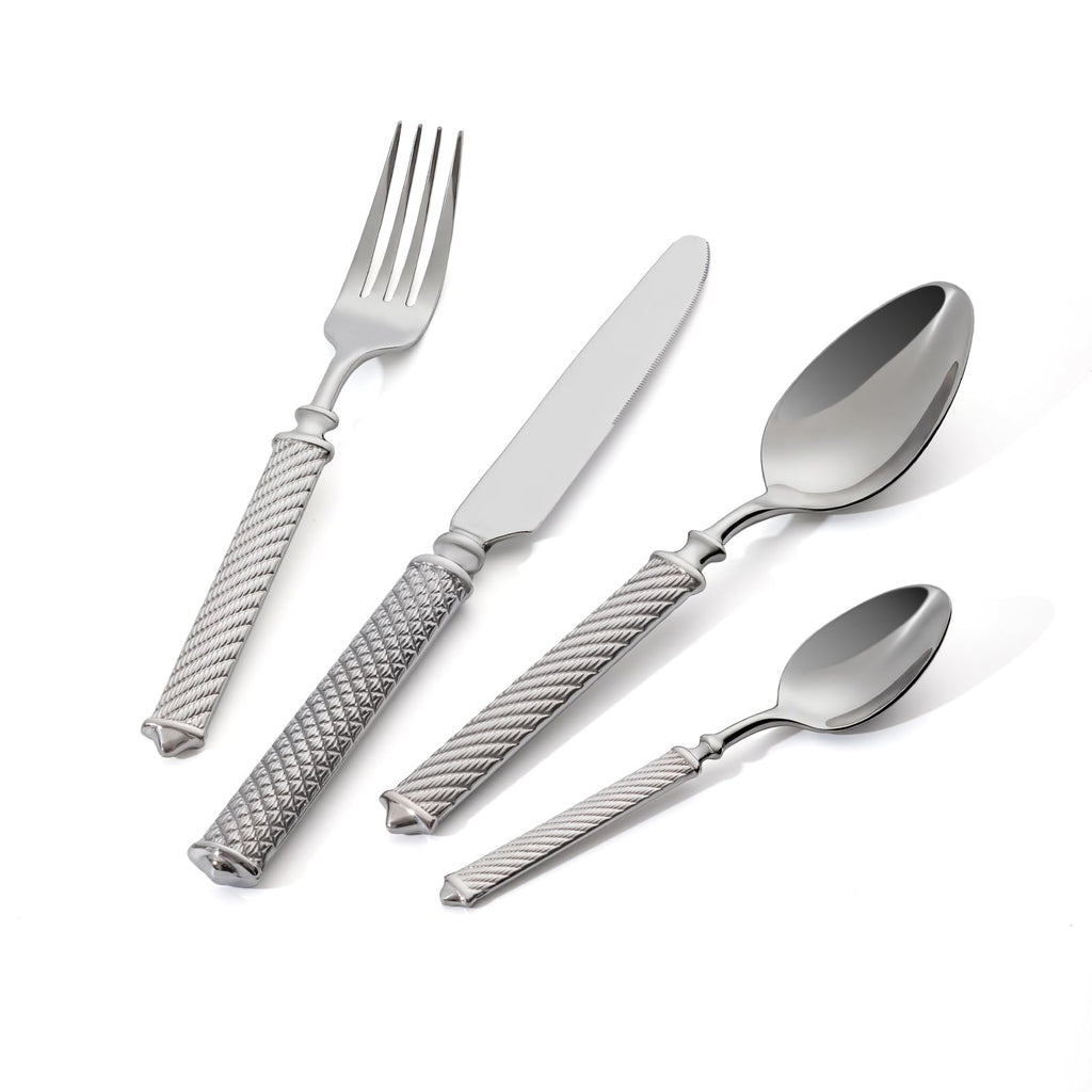 ZYPB 16-Piece Premium Silverware Set, Roman Rope-Pattern Flatware Crafted in 18/10 Stainless Steel, Elegant Silver Cutlery Set Service for 4, Heavy Duty Tableware with Mirror Polish, Dishwasher Safe