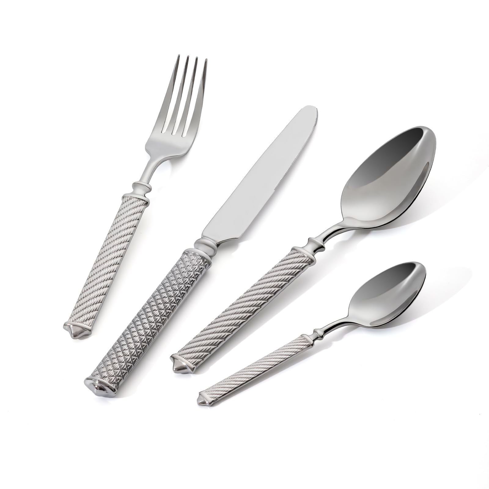 ZYPB 16-Piece Premium Silverware Set, Roman Rope-Pattern Flatware Crafted in 18/10 Stainless Steel, Elegant Silver Cutlery Set Service for 4, Heavy Duty Tableware with Mirror Polish, Dishwasher Safe