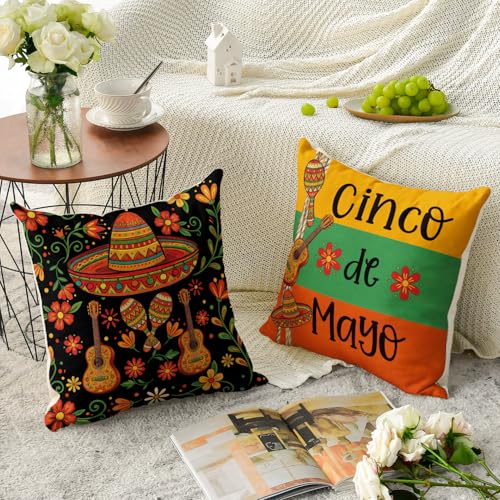 Cinco de Mayo Throw Pillow Covers 18x18, Set of 4 Fiesta Cushion Cases
