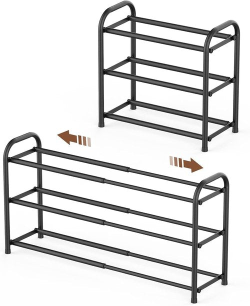 Gonfoam 3-Tier Expandable Shoe Rack - Adjustable Heavy-Duty Metal Storage Organizer | Black