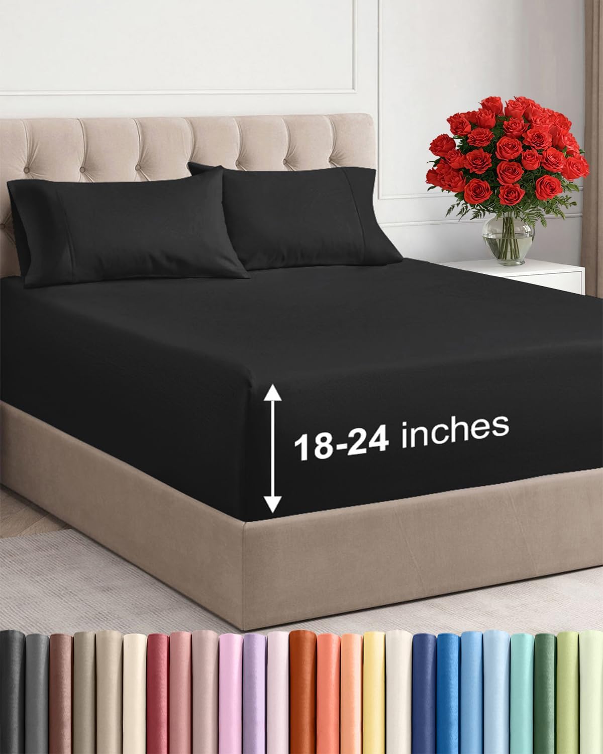 Skiennix Extra Deep Twin Sheet Set - 4 Piece Breathable Cooling Bedding - Soft Wrinkle-Free Black
