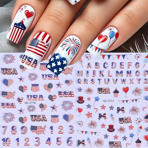 4th of July 5D Embossed Nail Stickers - 6 Sheets Patriotic Stars & Fireworks