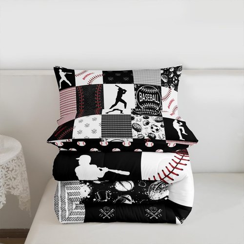 Erosebridal Kids Baseball Comforter Set Full Softball Boys Bedding Set Sports Game Quilted Comforter for Boys Patchwork Down Comforter Baseball Gift Duvet Insert for Teens, Red Black Gray